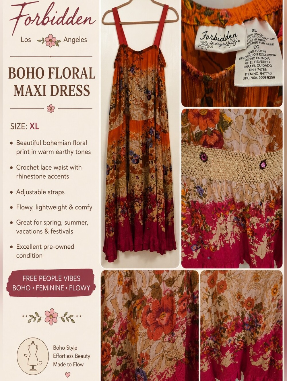 Flowy Boho Romantic Maxi/Midi Artsy Dress rhinestone accents. Fairy, Resortwear